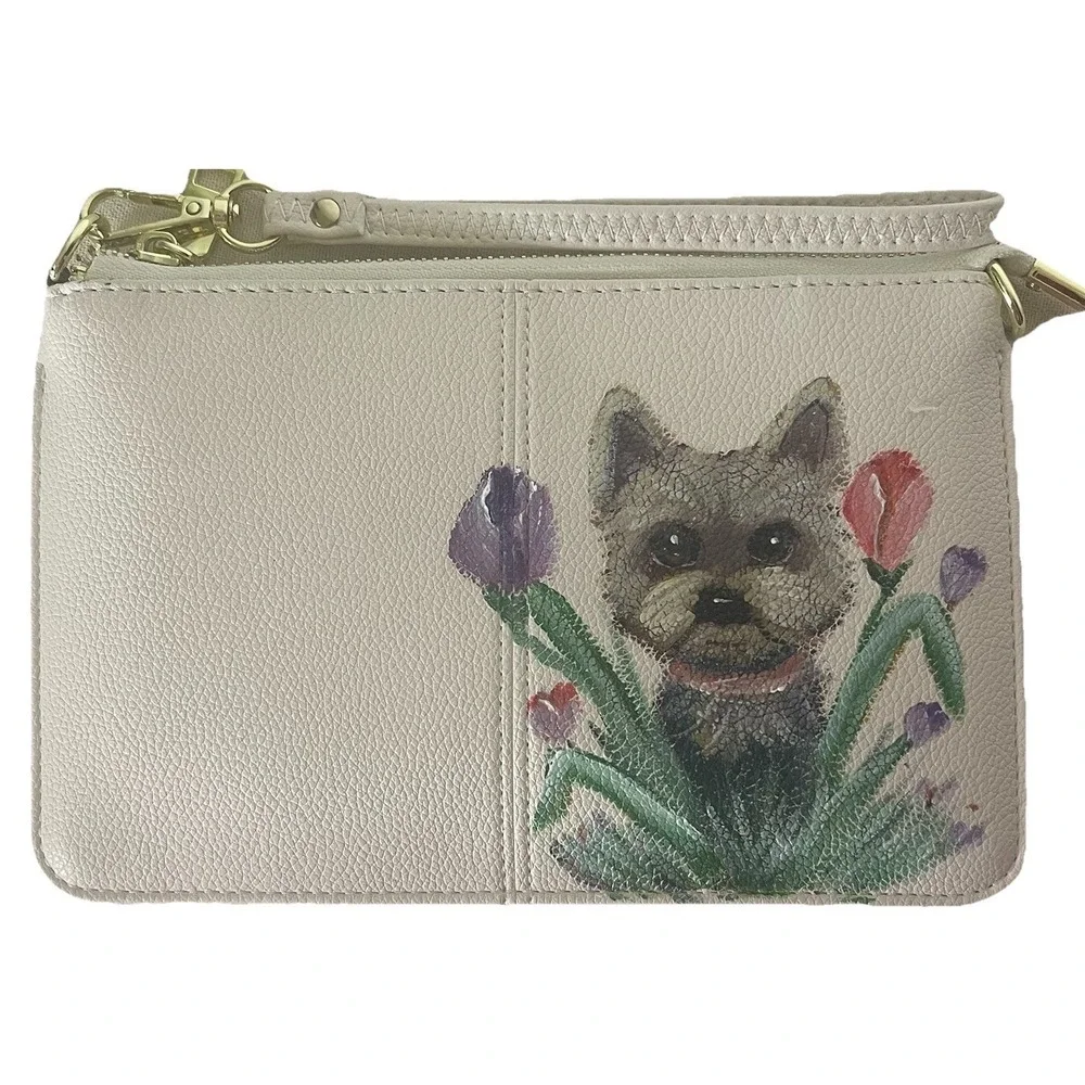 Hand Painted Yorkie Wristlet‎ Crossbody Bag Floral Off White Dog Zip Wallet
